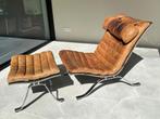 Arne Norell Ari loungechair + hocker – designklassieker, Gebruikt, Minder dan 75 cm, Vintage, Leer