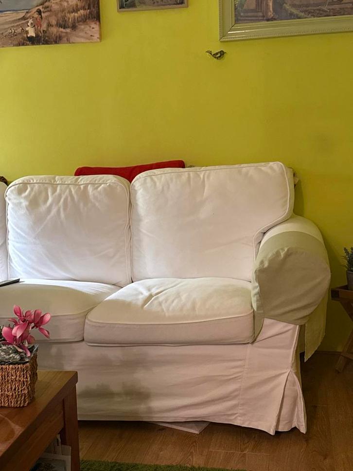 Witte stoffen bank- Ikea 3 zits ektorp, Huis en Inrichting, Banken | Bankstellen, Gebruikt, Rechte bank, Driepersoons, 200 tot 250 cm