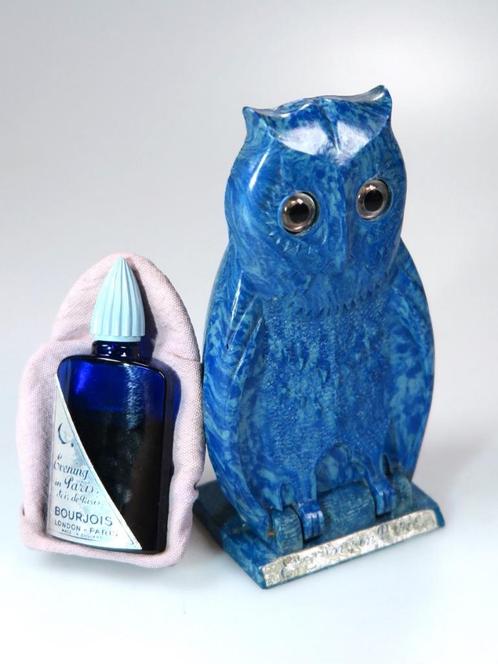 Parfum flesje Bourjois in orig. blauw Bakelieten Uil (1930s), Sieraden, Tassen en Uiterlijk, Uiterlijk | Parfum, Gebruikt, Ophalen of Verzenden