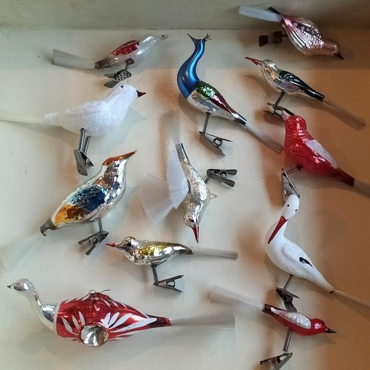 Oude kerstballen vogels op knijper., Diversen, Kerst, Gebruikt, Ophalen of Verzenden