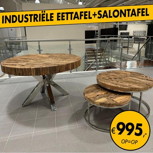Rond Eettafel + Rond Salontafel Industriële Outlet €995, Huis en Inrichting, Complete eetkamers, Nieuw, Ophalen
