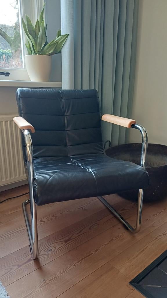 Machalke Crack Fauteuil - Zwart Leer, Metalen Frame, Ophalen, Zwart, Zo goed als nieuw, Leer