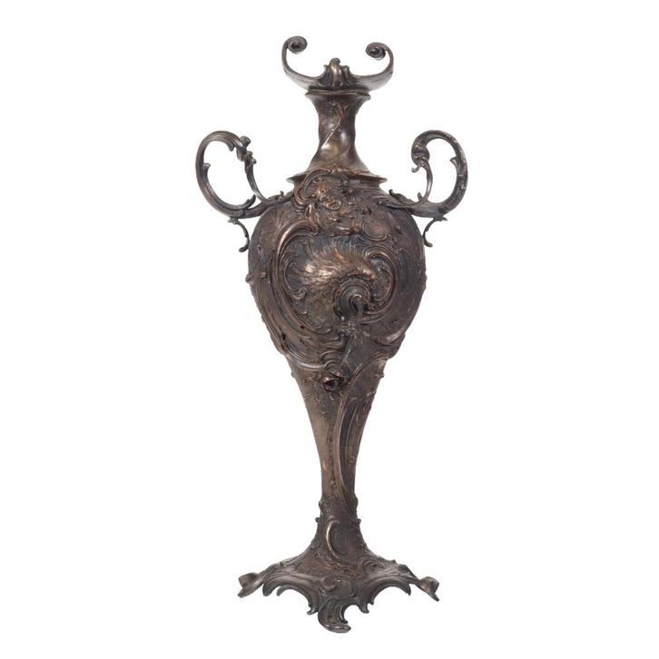 Antieke rococo siervaas 1880, patina metaal, putto decor, Antiek en Kunst, Antiek | Vazen, Ophalen of Verzenden