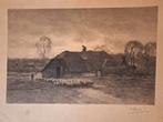 Ets van schapen bij een boerderij, Antiek en Kunst, Kunst | Etsen en Gravures, Ophalen of Verzenden