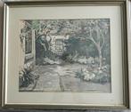 Origineel schilderij (aquarel) van Adri Pieck: de binnentuin, Ophalen of Verzenden
