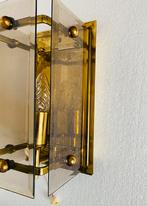 Rookglazen wandlamp met messing frame , jaren 80, Gebruikt, Hotel chic, Onbekend, Ophalen of Verzenden
