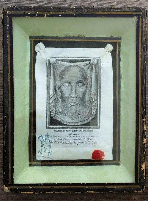 Gedateerd 1886 Lijkwade Gezicht Jesus Christus op Textiel, Antiek en Kunst, Antiek | Religie, Ophalen of Verzenden