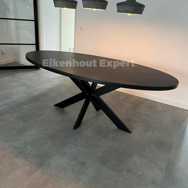 Ronde ovale Zwarte Eiken Tafel massief Eikenhout Matrix Poot, Huis en Inrichting, Tafels | Eettafels, Nieuw, Rond, Eikenhout, Grenenhout