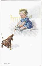 Kaart - Kind Meisje Teckel Hond Bed Fles - A sweet drop, Ophalen of Verzenden, 1920 tot 1940, Ongelopen, Kinderen