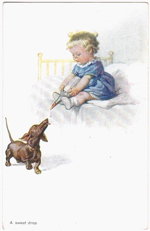 Kaart - Kind Meisje Teckel Hond Bed Fles - A sweet drop, Verzamelen, Ansichtkaarten | Themakaarten, Ongelopen, 1920 tot 1940, Kinderen