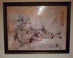 Groot schilderij met tijger in prachtige lijst 135 x 100 cm, Ophalen, 125 cm of meer, Zo goed als nieuw, Schilderij