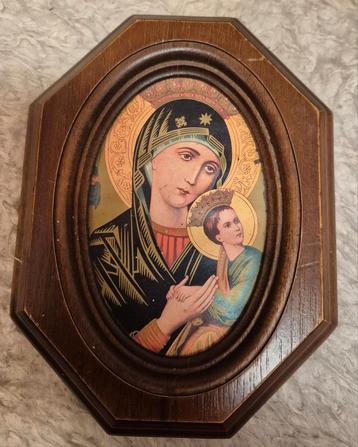 Vintage Maria met Kind Icon in Houten Frame beschikbaar voor biedingen