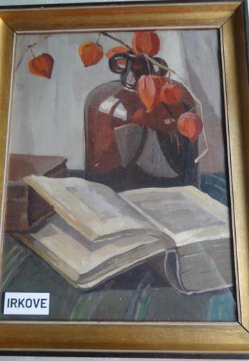 OLIEVERF OP LINNEN * VAAS EN BOEK * Maatje Verre * beschikbaar voor biedingen