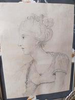 Antieke portret tekening rond 1820 /10 met lijstje bol glas, Ophalen of Verzenden