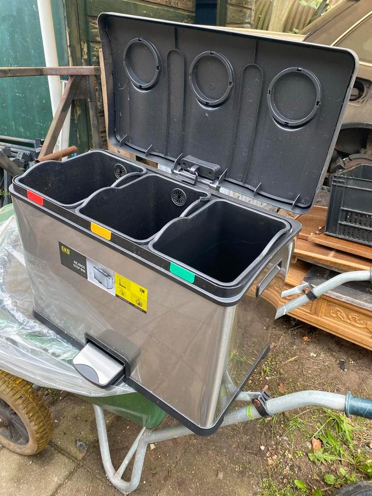 3-vaks Vuilnisbak - Afvalscheiding, Huis en Inrichting, Woonaccessoires | Prullenbakken, Gebruikt, Rvs, 50 tot 75 cm, 40 liter of meer