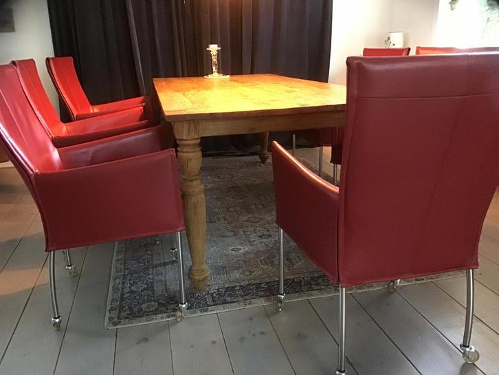 Eetkamerstoelen, rood leer, met leuning en wieltjes, 6 stuks, Huis en Inrichting, Stoelen, Gebruikt, Vijf, Zes of meer stoelen