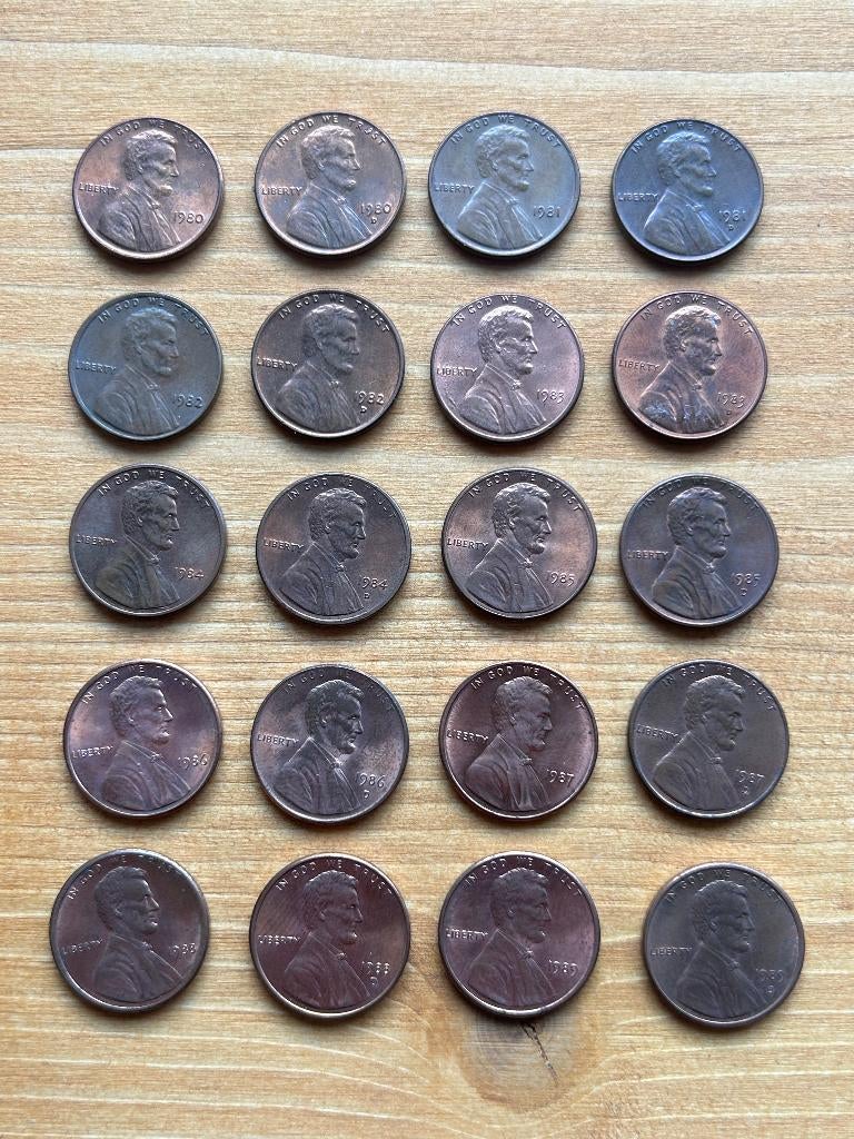 Complete set Amerikaanse pennies 1980 - 1989 uitgezonderd S, Ophalen of Verzenden, Noord-Amerika