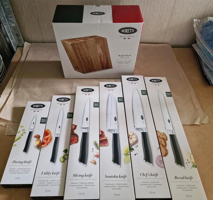 Ah boretti messenset messen met messenblok complete set, Huis en Inrichting, Keuken | Bestek, Nieuw, Bestekset, Rvs of Chroom