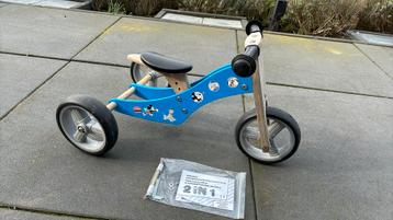 Houten loopfiets 2 en 3 wieler blauw Mickey Mouse