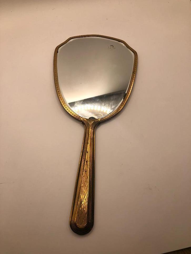 Prachtige antieke handspiegel met goudkleurig handvat, Antiek en Kunst, Antiek | Spiegels, Minder dan 50 cm, Ovaal, Ophalen of Verzenden