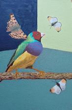 Origineel, zelf maak, Olieverf vogel met vlinders, Huis en Inrichting, Woonaccessoires | Schilderijen, Tekeningen en Foto's, Minder dan 50 cm