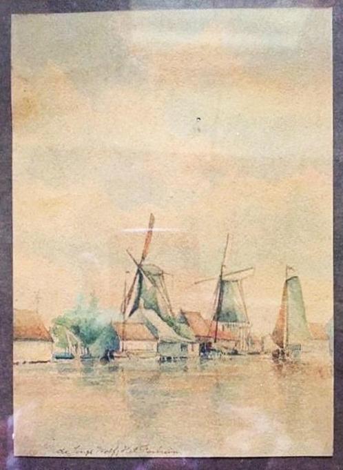 Aquarel Tekening Molen Veerdijk Wormer Wormerveer Zaanstreek, Verzamelen, Foto's en Prenten, Gebruikt, Prent, Gebouw, Voor 1940