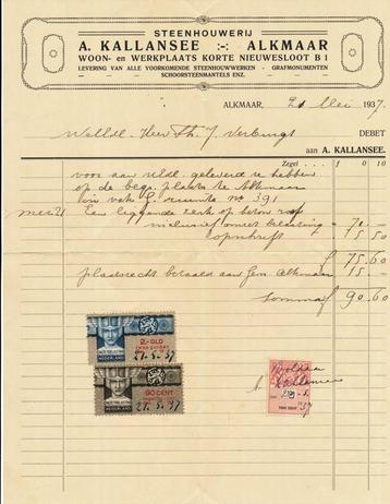 Declaratie van: A.Kallansee, Alkm met 10c Fiscaalzegel 1937 beschikbaar voor biedingen