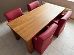 Blank houten eettafel met 4 rode leren fauteuils, Ophalen, Gebruikt, Vijf, Zes of meer stoelen, Leer