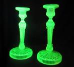 2 vaseline uranium glas art deco: kandelaars, ca 1920, Antiek en Kunst, Antiek | Glas en Kristal, Verzenden