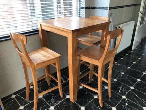 Bartafel en 3 barkrukken teak, Huis en Inrichting, Barkrukken, Gebruikt, 60 tot 90 cm, 2 krukken, Ophalen