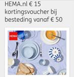 HEMA website € 15 cadeaubon bij besteding vanaf € 50, Tickets en Kaartjes, Eén persoon, Kortingsbon, Warenhuis- of Winkelbon