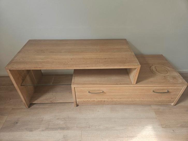 TV meubel hout/glas uitschuifbaar, Huis en Inrichting, Kasten | Televisiemeubels, Gebruikt, Minder dan 100 cm, 25 tot 50 cm, Glas