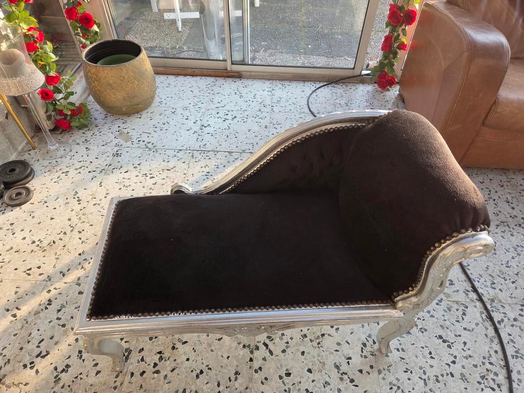 Barok bank voor kids - Zilverkleurig met zwart fluweel, Gebruikt, Eenpersoons, Minder dan 75 cm, Ophalen of Verzenden