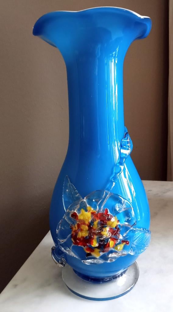 Vintage Murano blauwe vaas, Blauw, Ophalen of Verzenden, Minder dan 50 cm, Glas