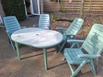 Tuinset, groen plastic 4 stoelen met tafel, Ophalen, Kunststof, 4 zitplaatsen