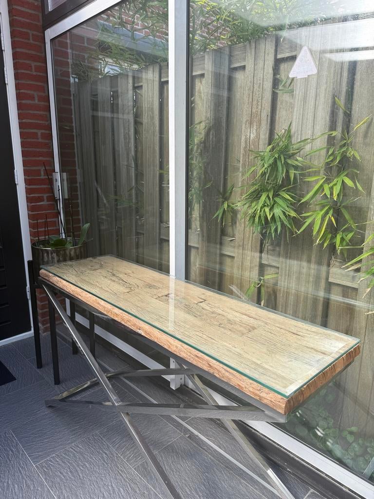Sidetable/console tafel met glasplaat en metalen onderstel, Ophalen, 100 tot 150 cm, Zo goed als nieuw, Overige houtsoorten