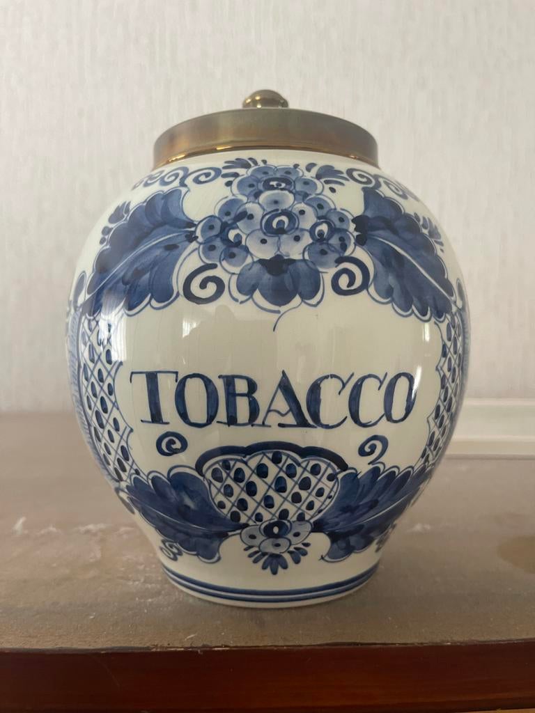 Antieke Delfts Blauwe Tabakspot met Messing Deksel, Antiek en Kunst, Ophalen