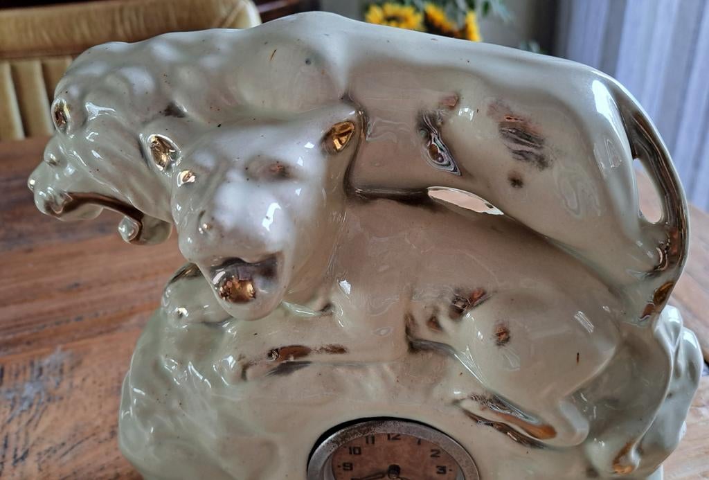 Vintage JSR Porseleinen Klok met Leeuwenbeeld, Antiek en Kunst, Antiek | Klokken, Ophalen of Verzenden