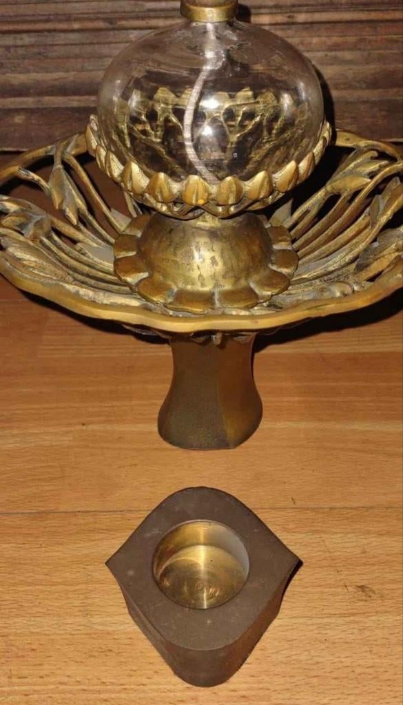 Antieke koperen olie lamp Art Nouveau, Antiek en Kunst, Ophalen, Koper