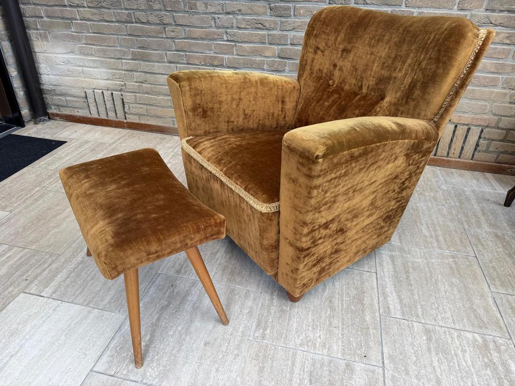 Vintage fauteuil en voetenbankje, Ophalen, Gebruikt, Vintage, 75 tot 100 cm