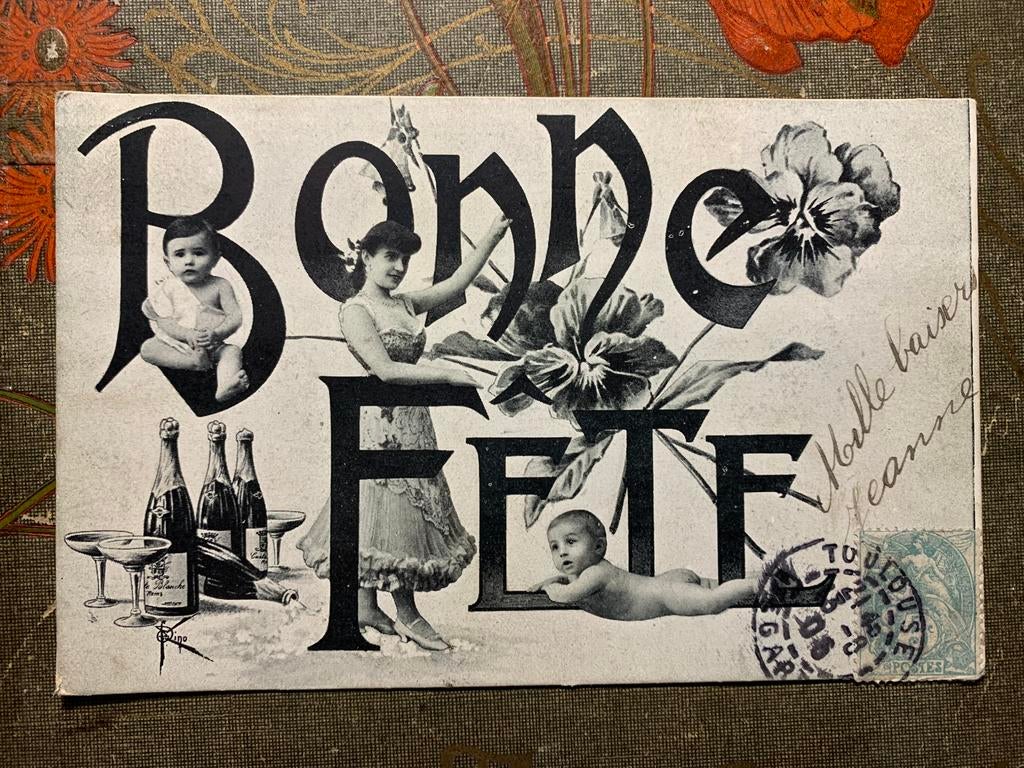 1906 Bonne Fête - champagne, baby's, dame, viooltjes (SL), Verzamelen, Ansichtkaarten | Themakaarten, Ophalen of Verzenden, Voor 1920