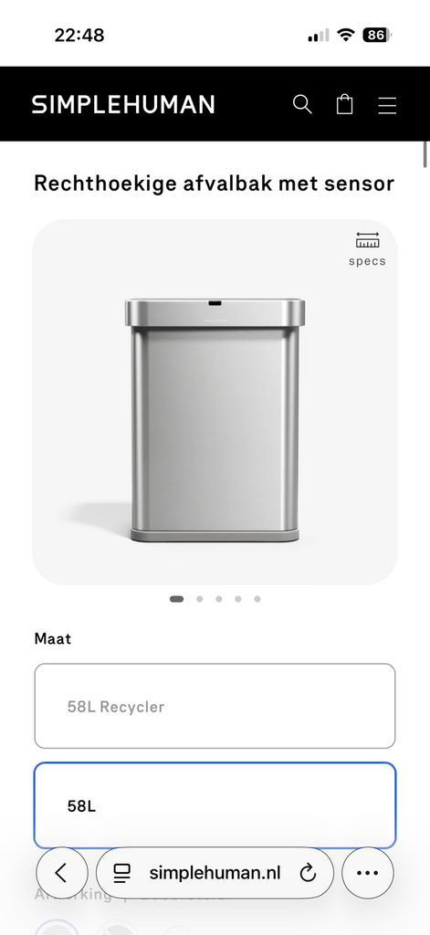 Simplehuman Sensor prullenbak - 58L, Huis en Inrichting, Woonaccessoires | Prullenbakken, Nieuw, Rvs, 40 liter of meer, Ophalen of Verzenden