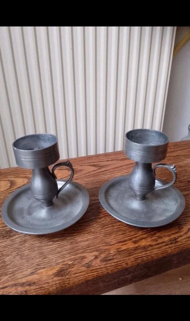 2 tinnen kandelaars, Ophalen of Verzenden, Overige materialen