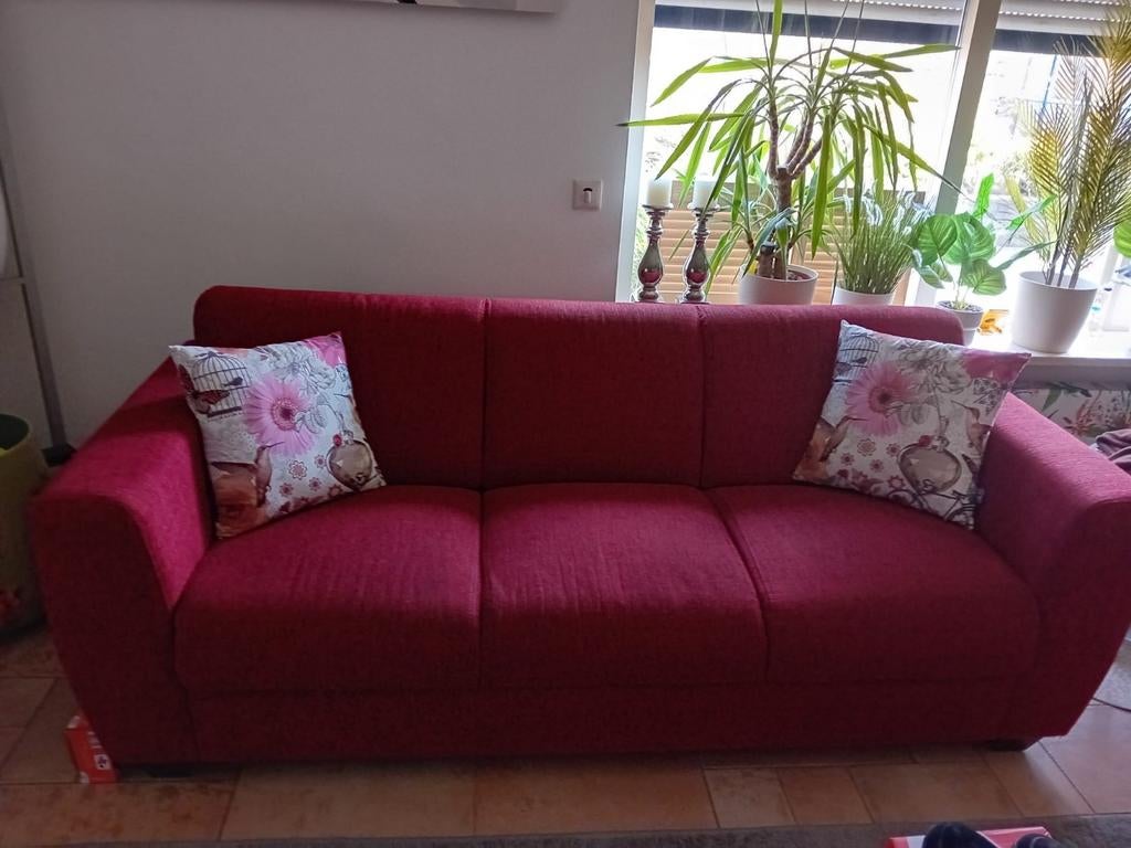 3 zits bank donker rood gemêleerd achtig, Huis en Inrichting, Banken | Bankstellen, Gebruikt, Tweepersoons, Ophalen of Verzenden