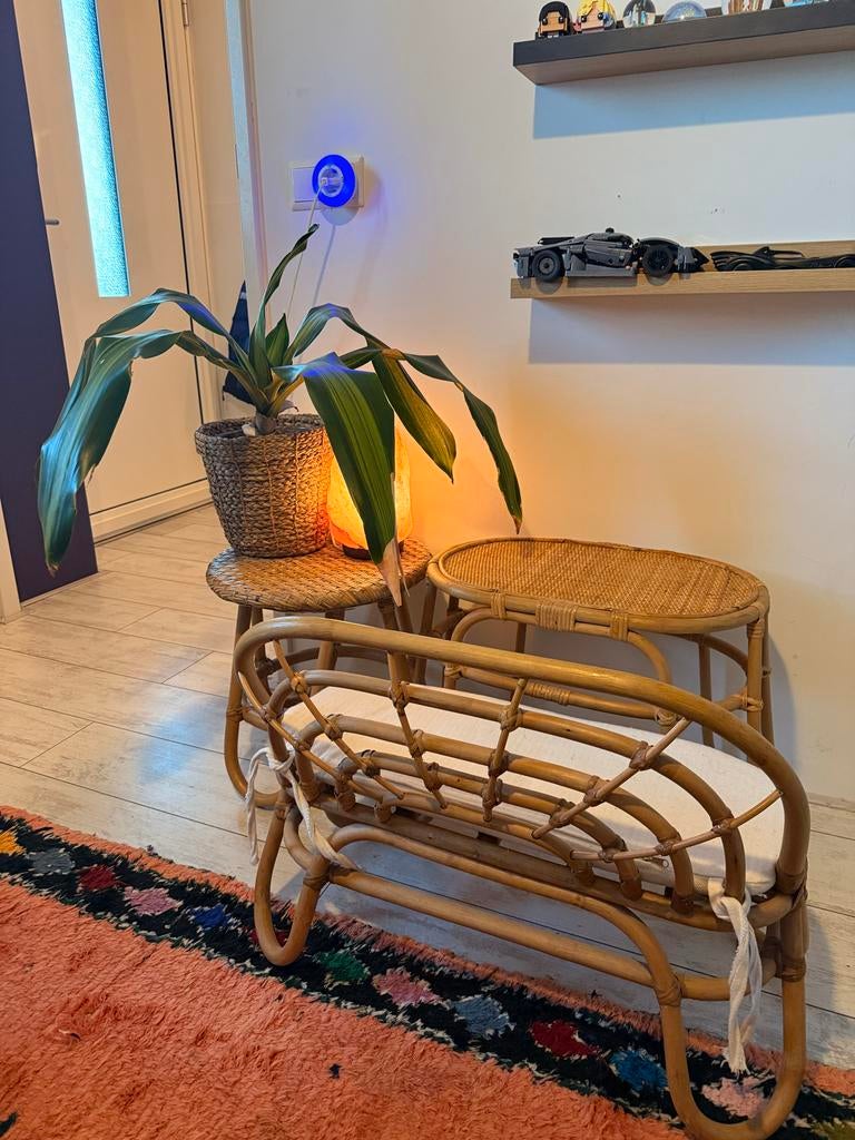 Rotan kinderbankje met tafeltje (set), Huis en Inrichting, Tafels | Bijzettafels, Ophalen, Minder dan 55 cm, Gebruikt, Ovaal