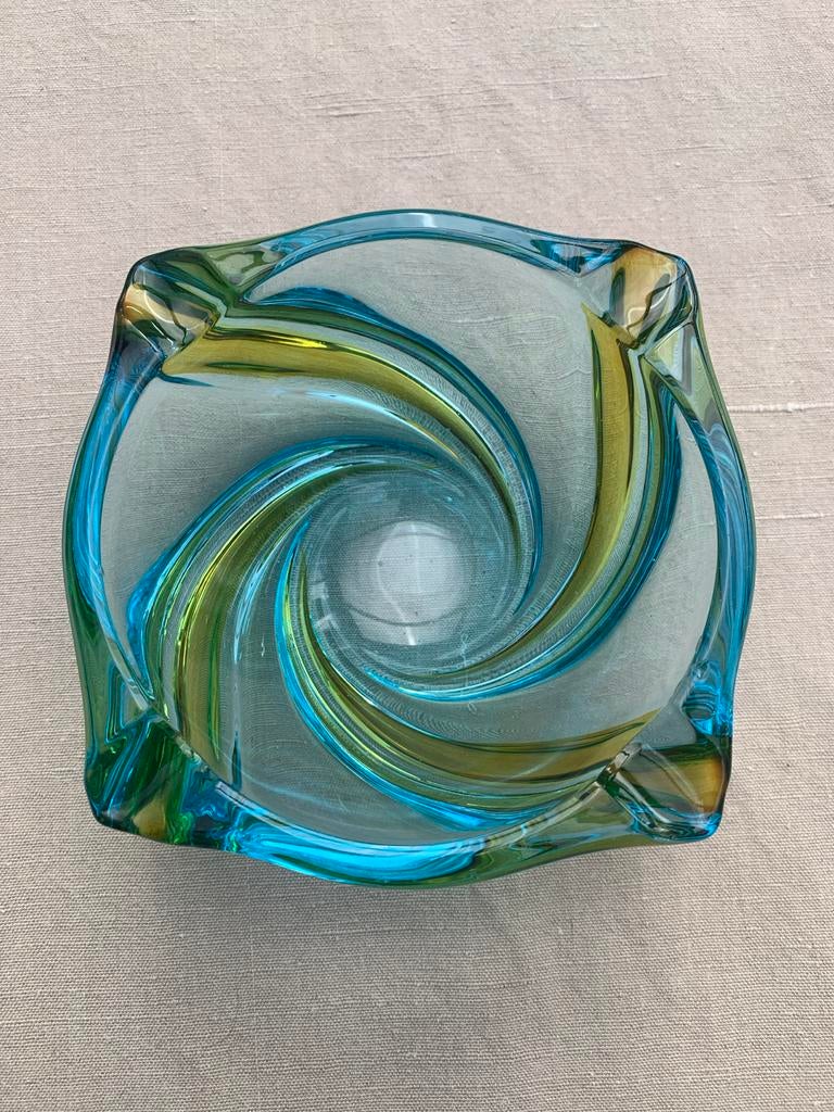 Vintage glazen asbak - Blauw/Groen/Geel spiraal, Ophalen of Verzenden