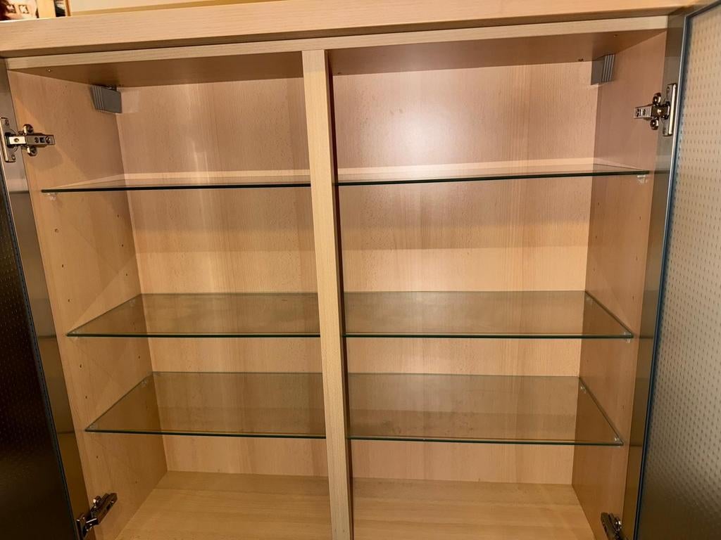 Grenenhouten hangkast met RVS matglazen deuren, Ophalen, Met deur(en), 100 tot 150 cm, 100 tot 150 cm