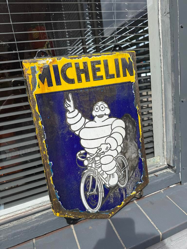Vintage Michelin Emaille Bord - Bibendum op Fiets, Ophalen of Verzenden