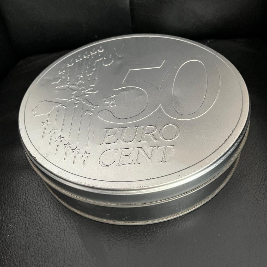 Opbergblik 50 eurocent zilverkleur - 22 cm, Verzamelen, Blikken, Ophalen of Verzenden, Gebruikt, Overige, Overige merken