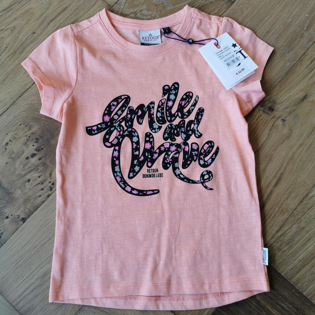 T-shirt Retour met tekst - oranje/peach - maat 116, Kinderen en Baby's, Kinderkleding | Maat 116, Meisje, Nieuw, Ophalen of Verzenden